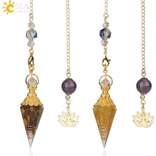 CSJA New Natural Chip Stone Pendulum Hexagonal Reiki Yoga Pyramid Resin Pendant Gold-color Chain Amulet for Dowsing Pendule G323