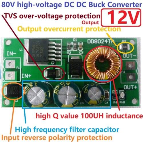 DC 80V 72V 64V 60V 48V 36V 24V to 12V HV DC-DC Buck Step-Down Converter Voltage Regulator Board Power Supply Module