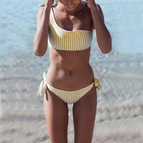 Women Sexy Bikini Set Striped One Shoulder Push-up Padded Bra Thong Set Swimwear Swimsuit Summer Bathing Suit Beachwear