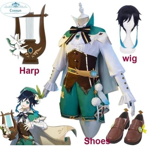 Game Genshin Impact Venti Cosplay Costume Genshin Impact Venti Cosplay PU Leather Shoes Halloween Carnival Cosplay PVC Harp Prop