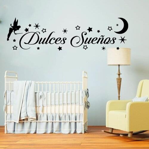 Spanish Fairy Tale Sweet Dreams Star Moon Wall Sticker Girl Room Nursery Cartoon Dulces Suenos Family Love Quote Wall Decal Kids