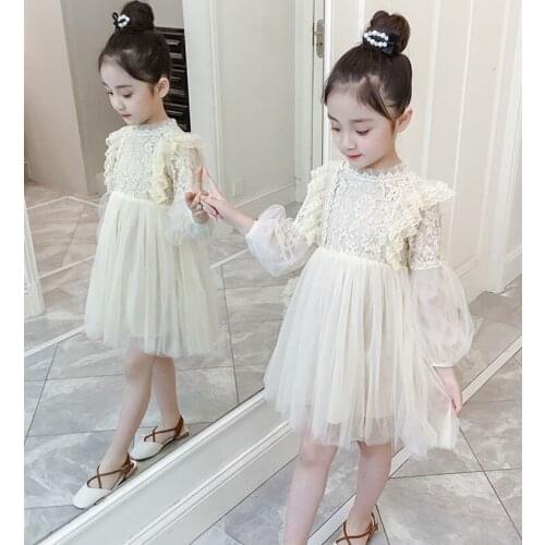 Princess Girls Lace Dress Spring Autumn Puff Sleeve Beading Gauze Dresses Party Wedding Prom Gown Size 110-160 Fashion Frocks