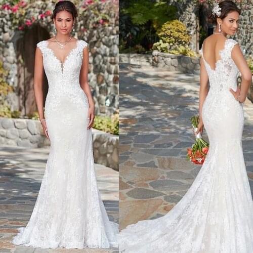 Lace Wedding Dresses Mermaid V-neck Cap Sleeves Appliques Boho Dubai Arabic Wedding Gown Bridal Dress Vestido De Noiva