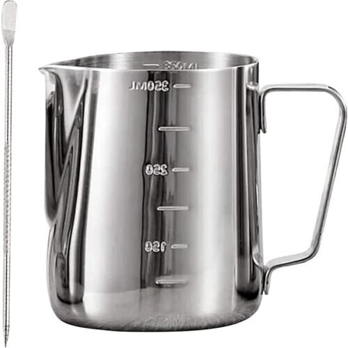 SANQ Stainless Steel Milk Frothing Pitcher, Measurements on Both Sides Inside, Milk Jug Cup with Decorating Pen