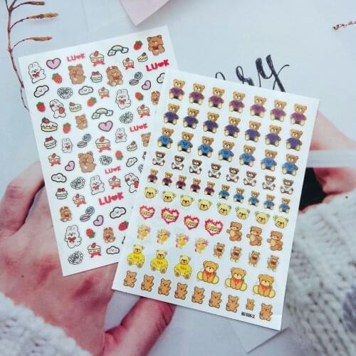 Fashion Hot Selling 3d DIY Thin Light Back Glue Adhesive Nail Stickers Carton Bears Cakes& Strawberry Dry Nail Decals Manicure