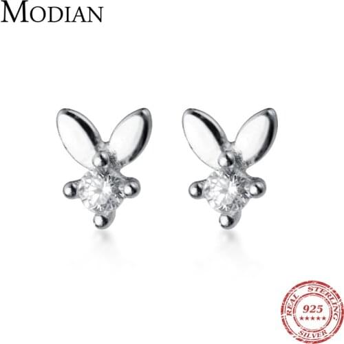 MODIAN Cute Tiny Animal Stud Earring for Women 925 Sterling Silver Radiant Zircon Anti-Allergy Rabbit Ear Studs Fine Jewelry
