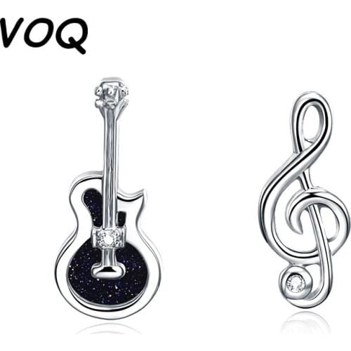 VOQ 925 Sterling Silver Fashion Asymmetrical Guitar Note Earrings Ladies Wedding Minimalist Exquisite Jewelry