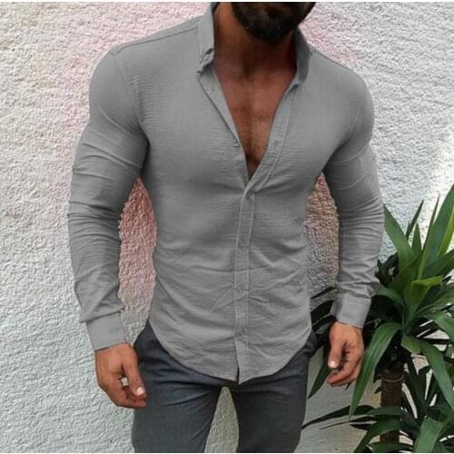 Mens Slim Fit Button Front Long Sleeve Shirt Occident Plain Casual Muscle Tees