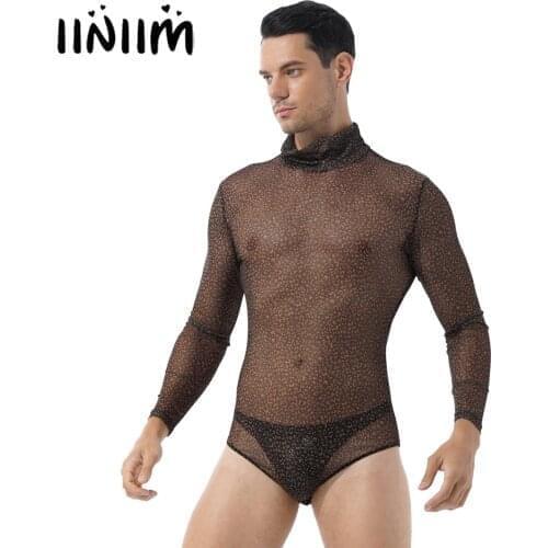 Men Sexy Transparent Leopard Print Turtleneck Bodysuit Long Sleeve See-through Mesh Rompers Jumpsuit Leotard Sleepwear Clubwear