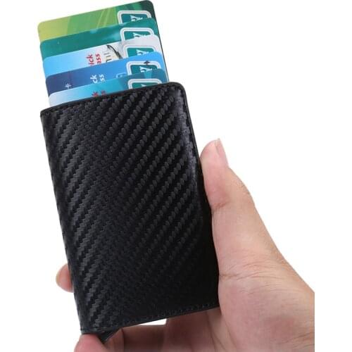 Men Automatic Credit card holder Crazy Horse Leather Wallet Aluminum Mini Wallet With Back Pocket ID Card RFID Blocking purse