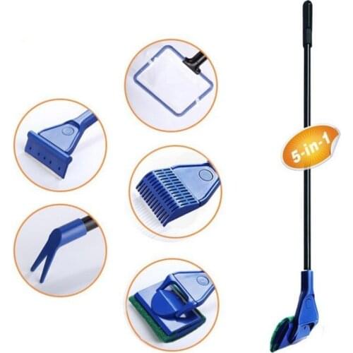 5 In 1 Complete Aquarium Fish Tank Cleaning Set Net Rake Scraper Fork Sponge Brush Glass Cleaner Tool Kit Gravel Algae Water