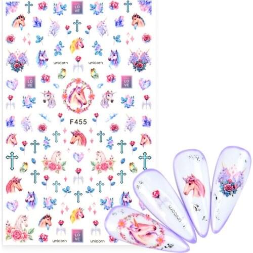 1pcs Nail Art Stickers Cartoon Unicorn Design Adhesive Nail Art Decorations Rabbit Dolphin Rainbow Flowers Heart Nail Decals
