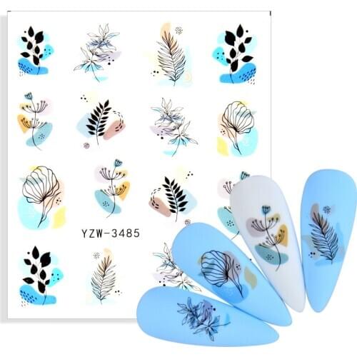 Black Flowers Nail Decals Sliders Set Floral Leaves Geometry Water Wraps Tattoo Spring Designs DIY Manicure Foils
