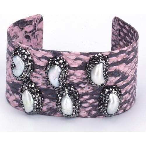 Natural Big Freshwater Pearl Bead Charm Pave Rhinestone Dusky Rose Pink Real Snake Leather Wide Open Bangle Cuff Bracelet Women