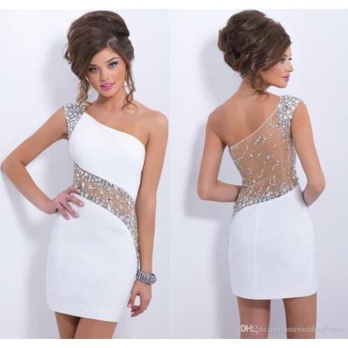 One Shoulder Cheap White Homecoming Dresses Sexy See Through Back With Crystal Beads Sequins Mini Short Prom Cocktail Gown