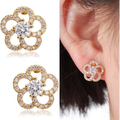 New Yellow Gold Color Flower Floral Full Pave Clear CZ Mini Stud Earrings Fashion Party Casual Jewelry For Women Girls