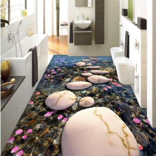 BEIBEHANG Automatic Any Size Wallpaper Floor Stone Path Cobblestone Petals 3D Floor 3D Drawing Self-adhesive 3d wallpaper mural