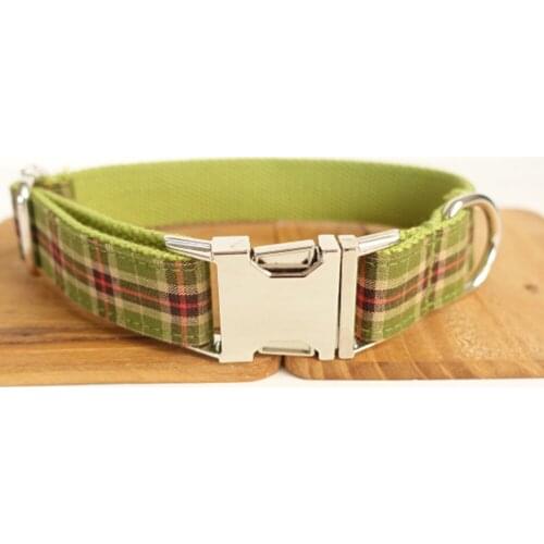 Customized Dog Collar Engraved Puppy ID Tag Leash Collar Set Adjustable Outdoor Plaid Pet Collar Leash Fabric GREEN PLAID