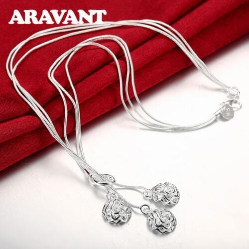 925 Silver Rose Flowers Pendants Necklaces Chain For Women Wedding Jewelry