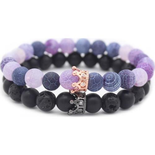 Poshfeel Couple Gift 2PC/Set CZ Crown Bracelets Bangles 8mm Stone Bracelet for Lovers Handmade Beaded Jewelry Pulsera MBR180297