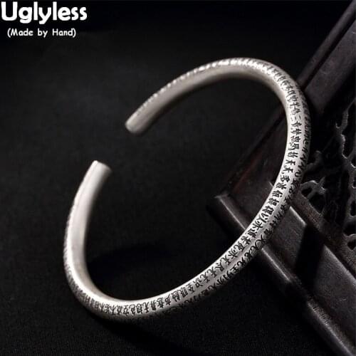 Uglyless Simple Buddhism Heart Sutra Adjustable Bangles for Buddhists Real 99.9% Full Silver Open Bangles Religious Gifts Bijoux