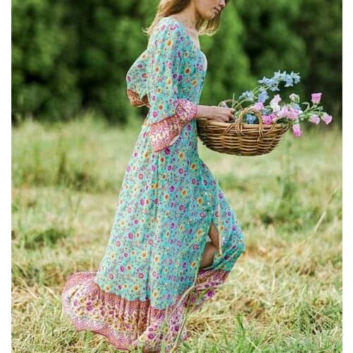 Rayon green floral print waist tied maxi dress women rayon V-neck buttons 3/4 sleeve bohemian beach party wear 2021 new spring