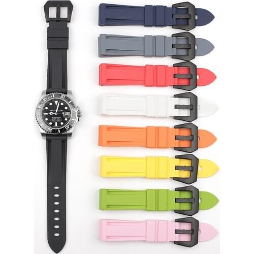 Silicone Rubber Watch Band 20mm 22mm 24mm Stainless Steel Silver Black Buckle Waterproof Watchstrap Replacement for Panerai