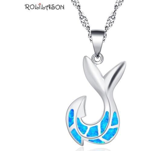 ROLILASON Blue Fishtail Simple Design silver color stamped Opal Necklace Pendant Romantic Valentines Day Best Gift OP828