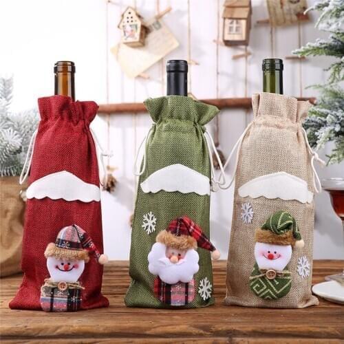 Christmas Decorations Reusable Drawstring Wine Bottle Bags Protector Cover Linen Champagne Bottle Covers For Home Table Decor
