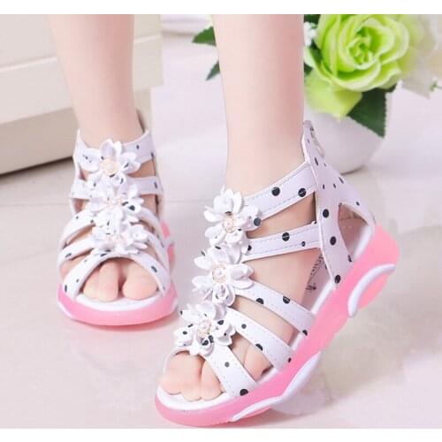 Princess Floral Sandals For Girls Little Big Kids Roman Sandals Children Gladiator Beach Sandals With Pearls Sweet Soft 21-36