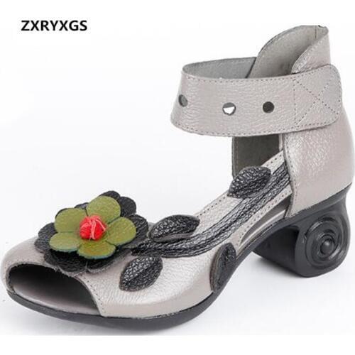 Promotion Summer Classic Sandals Women Sandals 2020 New Flowers Stylish Sandals Woman Shoes High Heel Genuine Leather Sandals