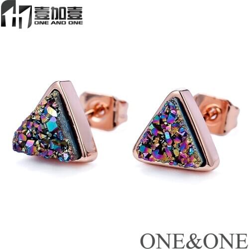 EYIKA Womens earrings wholesale natural drusy jewelry opal stud earrings Positive Triangle 6x6x6mm druzy stone handmade Серьги