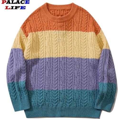 Streetwear Korean Sweater Men Patchwork Striped Knitted Sweater Harajuku Casual Loose Autumn Couple Sweater Pullover Cotton