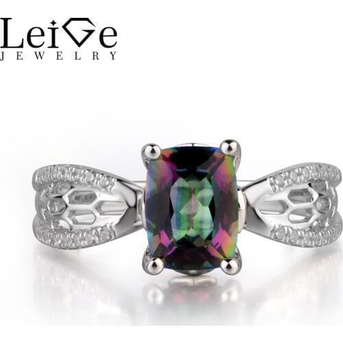 Leige Jewelry Real Colorful Rainbow Mystic Topaz Gemstone Cushion Cut Prong Setting Party Hollow Rings Trendy Gifts For Woman