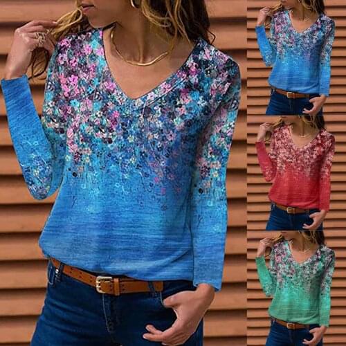 2021 Autumn Womens Blue Tops New Fashion Vintage Flower Print Long Sleeves O-neck Round Casual Loose T-shirt футболка
