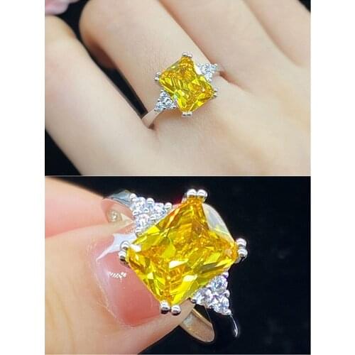 Chic Square Austrian Crystal Citrine Gemstones Diamonds Rings for Women 18k White Gold Filled Jewelry Bague Trendy Accessory New