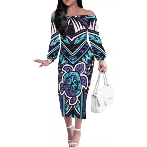 Women Summer Dresses Hawaii Slash Neck Off Shouder Solid Vestidos 2021 Polynesian Tribal A-line High Waist Dress Robe Femme