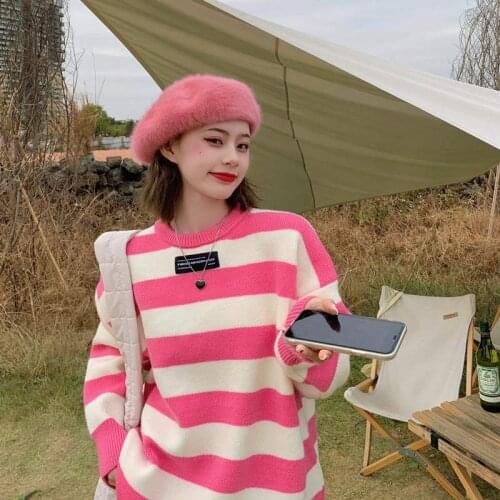 Cardigan Women Stripe Knitted Sweater Pull Femme Casual Tops Pullover Sweaters Female Autumn Winter Retro Jumper