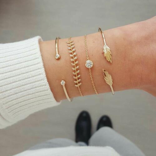 4 Pcs/Set Gold Leaf Crystal Charm Bracelet Bangles for Women Korean Simple Link Chain Olive Branch Statement Braclets for Women