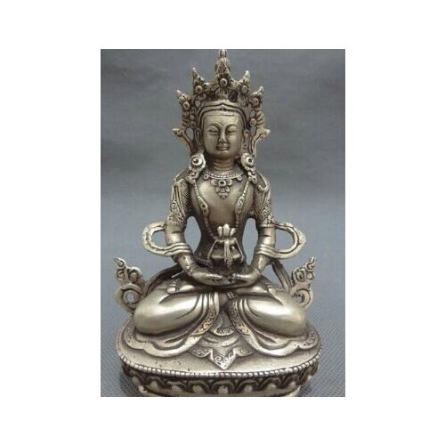 6" Tibet Silver Buddhism Amitayus Longevity God Goddess Buddha GuanYin Statue