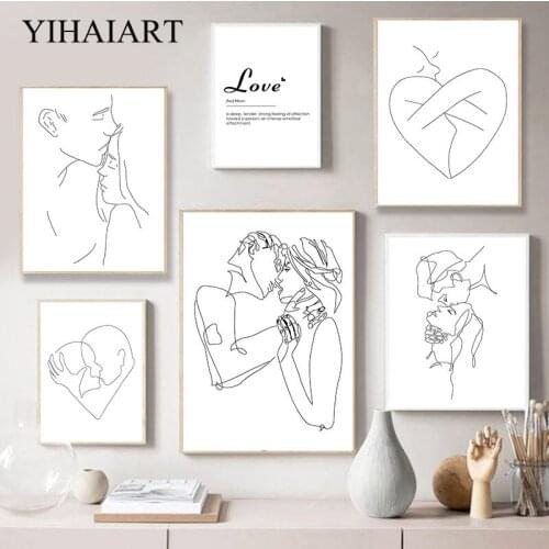 Line Drawing Couple Kiss Abstract Wall Art Canvas Print Poster Black White Simple Painting Decorative Picture Modern Home Decor