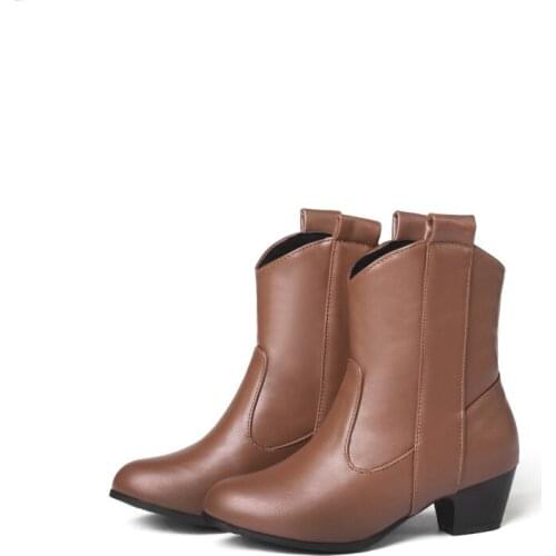 Big Size Ma'am Coarse heel Short boots Pure color Little round head boot barrel High heel boots