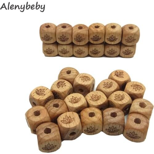 Beech Wood Faceted Printed lotus Bead 12mm Unfinished Natural Figure Quartet Wooden cube Beads For DIY Nursing Teether Product