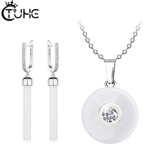 Black White Ceramic Pendant Necklace With Long Drop Earrings For Women Girl Fashion Jewelry Set Wedding Female Engagement Gift