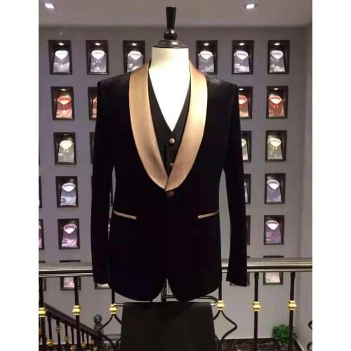 Black Velvet Men Suits 3 Pcs One Button Groomsmen Golden Shawl Lapel Tuxedos Men Suits Prom Best Man Blazer Jacket+Pant+Vest