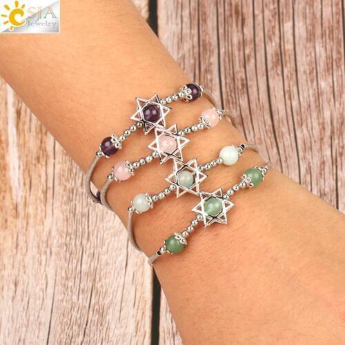 CSJA 6mm Natural Stone Hexagram Bracelet Round Bead Crystal Quartz Star of David Heart Charms Elastic Bangle for Women Girl G164