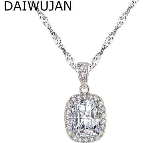 DAIWUJAN Silver 925 Jewelry Water-wave Chain Necklaces Luxury Square Emerald Crystal Pendant Necklace For Women Fashion Jewelry