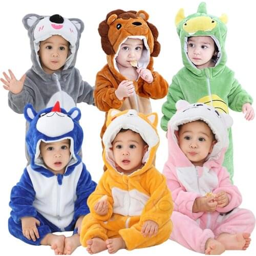 Baby Cute Cartoon Flannel Baby Rompers Lion Rabbit Panda Tiger Fox Pajamas Cotton Baby Boy Girls Animal Costume Baby Jumpsuit