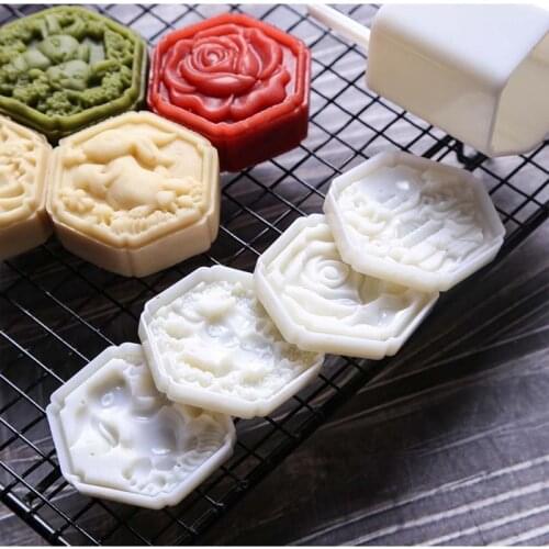 50g Mooncake Barrel Mold with 4pcs Square Flower Stamps Hand Press Moon Cake Pastry Mould DIY Bakeware Mid-autumn Festival