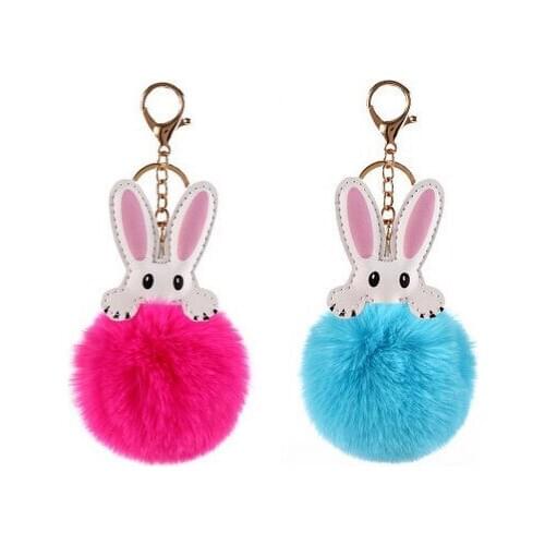 Jiangzimei 24pcs Creative cute cute rabbit hair ball key chain long ear rabbit plush fur bag pendant car pendant